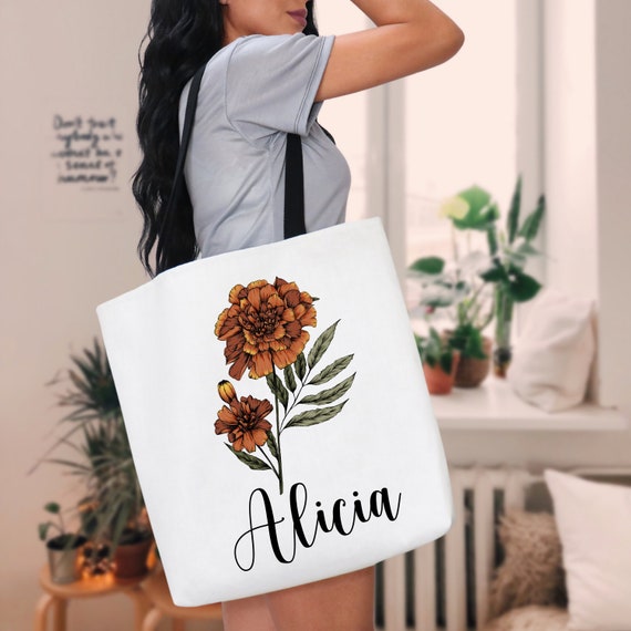 Borsa A Mano Personalizzata Con Nome E Fiori Di Nascita, Grande Tote Con Cerniera, Regalo Per Mamma E Donne