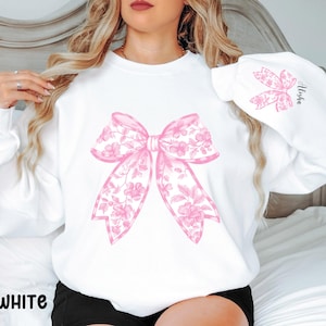 Sudadera con lazo rosa personalizada de Coquette, Toile De Jouy, cuello redondo con lazo rosa, sudadera femenina, camisa con lazo floral de Coquette personalizada