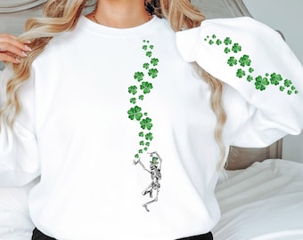 Shamrock Sweatshirt, St. Patrick's Day Lucky Crewneck, Dancing Skeleton With Four Leaf Clovers, Irish Shamrock Gifts, Sleeve Design