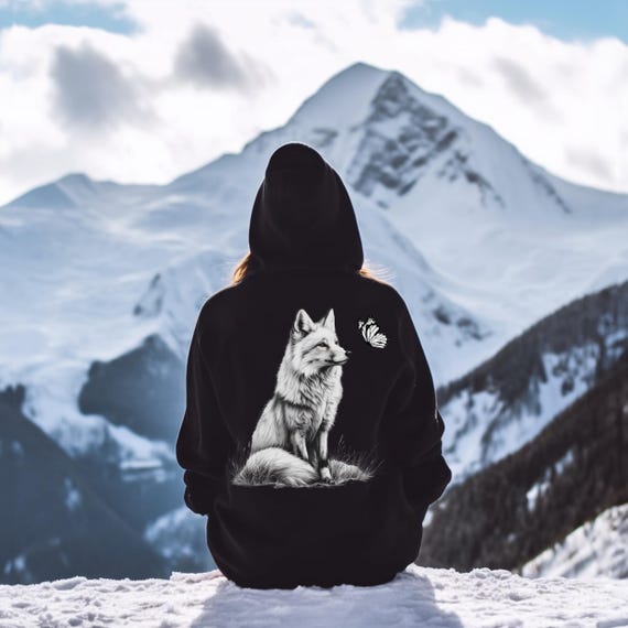 White Fox and Butterfly Hoodie, Nature Hoodie, Cottage Core