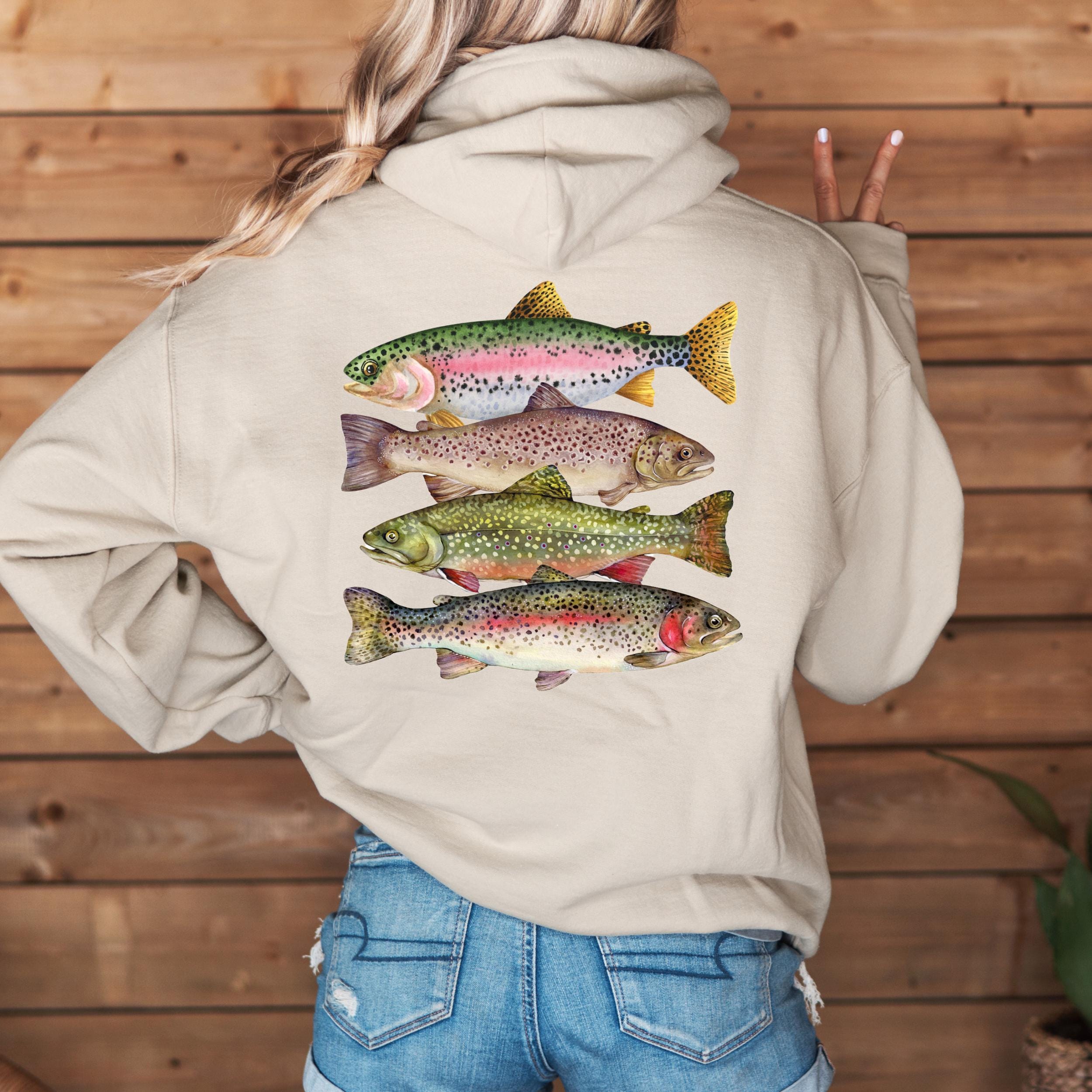 トラウトフィッシュパーカー、フライフィッシングスウェットシャツ、魚