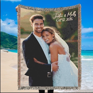 Personalized Photo Blanket for Couples, Family Keepsake, Wedding Anniversary Gift, Custom Woven Tapestry Gift for Marriage Engagement