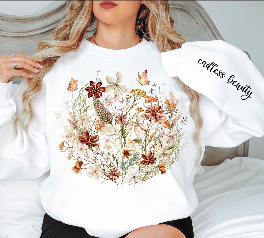 Vintage Flower Basket Art Print Crew Neck Sweatshirt