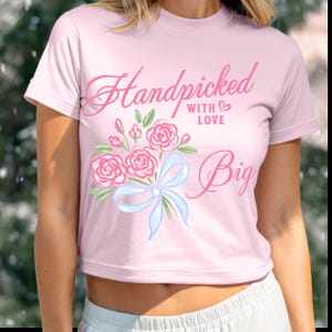 Sorority Big Little Baby Tee Shirts, Coquette Pink Bow, Big Little Reveal, Bid Day Shirts, Reveal Basket Gifts. Freshly Picked Floral Theme