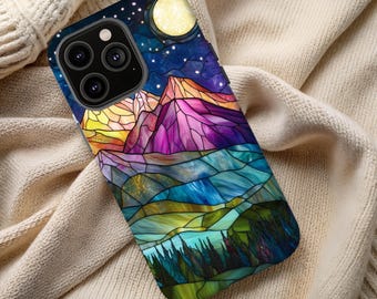 Mountain Landscape Phone Case Stained Glass - Vibrant Nature Design, Tough Case for Adventurers, Unique Gift for Hikers Outdoor Lover's Gift