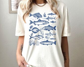 Camiseta estética con tatuaje de pez vintage, camiseta de naturaleza oceánica, tatuaje de animales marinos de los años 90, regalo para pescadores, camiseta de pescadores, regalo para amantes de la lubina, colores cómodos, peces