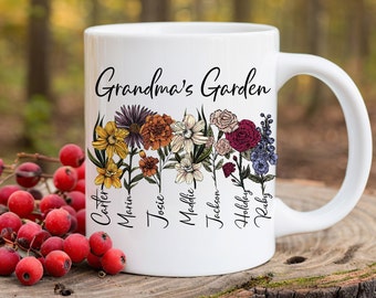 Tazza da giardino personalizzata della nonna, tazza da caffè con fiori del mese di nascita personalizzata, regalo dei nipoti, regalo personale per la nonna. Tazza per la festa della mamma