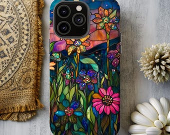 Phone Case, Stained Glass Floral Mosaic Design, Tough Cases, Wildflower Phone Case For IPhone & Samsung Galaxy, Protective Case