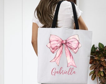 Personalized Coquette Tote Bag, Custom Name Bridesmaid Bag, Trendy Coquette Aesthetic, Cute Cottage Core Reusable Canvas Bag, Pink Bow Bag