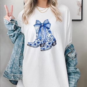 Coquette Cowgirl Boots Shirt, Country Concert Tee, Retro Boho Western Shirt, Coastal Cowgirl Tee, Y2K Shirt, Blue Bow, Comfort Colors®