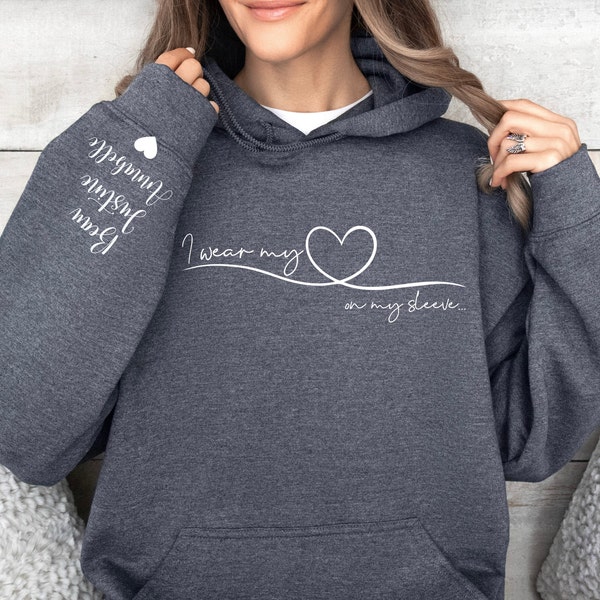 Personalized Mom HOODIE With Kids Names, I Wear My Heart On My Sleeve, Mama Sweatshirt, Mother's Day Gift from Kids, Personal Mother Gift