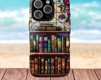 Stained Glass Book Shelf Phone Case, Bookish Reading Phone Cover, Floral Book Shelf For I Phone, Bookish Design, Book Worm Phone Cover