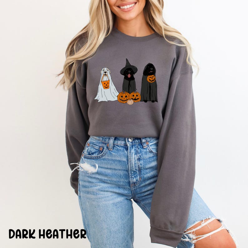 May include: Dark heather gray sweatshirt featuring a Halloween design. The design includes three dogs dressed in Halloween costumes: a ghost, a witch, and a dog with a pumpkin. The text "DARK HEATHER" is printed at the bottom of the sweatshirt.