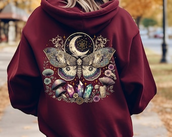 Luna Moth Hoodie, Nature Forest Sweatshirt, Cottage Core Hoodie, Goblin Core Witchy Hoodie, Mystic Moon Moth Hoody Gift for Nature Lovers