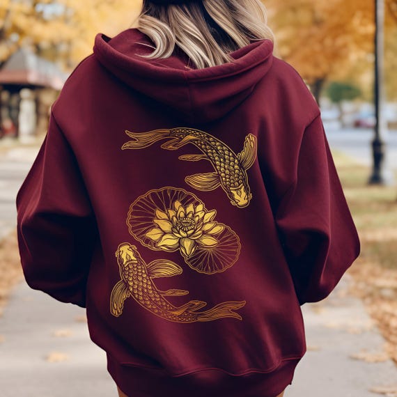 Vintage Koi Fish Japanese Hoodie, Tokyo Aesthetic, Nautical Asian Art Hoodie, Fishing Gift, Japanese Art, Cottagecore Aesthetic