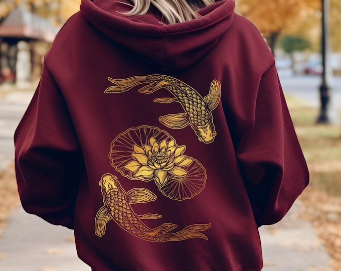 Vintage Koi Fish Japanese Hoodie, Tokyo Aesthetic, Nautical Asian Art Hoodie, Fishing Gift, Japanese Art, Cottagecore Aesthetic
