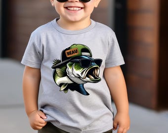 Camiseta de pesca de lubina personalizada para niños pequeños, camiseta de pesca para niños, ropa para niños al aire libre, camiseta de pesca de lubina para niños, regalo de cumpleaños personalizado para amantes de la pesca