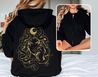Medusa orm zip-up hoodie, grekisk mytologi unisex tröja, gudinna Medusa häxskjorta, mytisk orm feministisk skjorta tjejkraft