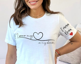 Camiseta personalizada de mamá con nombres de niños, llevo mi corazón en la manga, regalo de niños, regalo del día de la madre, regalo de cumpleaños personalizado personal