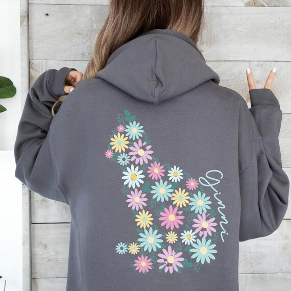 Felpa con gatto personalizzata con nome, felpa con gatto floreale