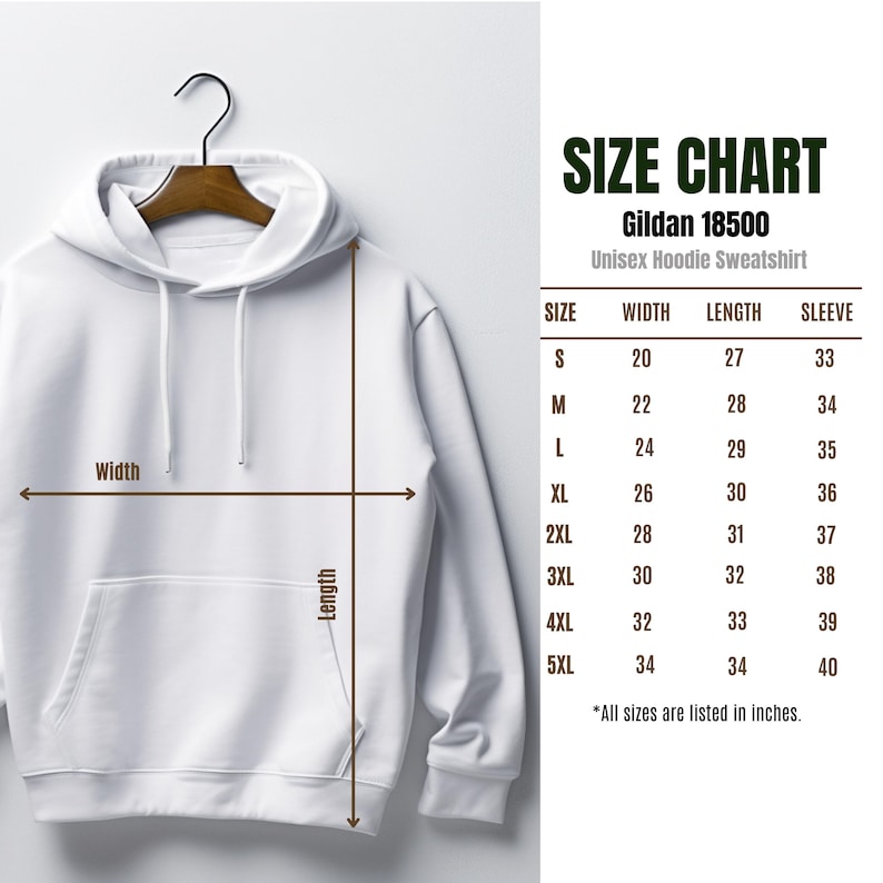 May include: White unisex hoodie sweatshirt with a size chart showing measurements in inches. The chart includes sizes S through 5XL with corresponding width, length, and sleeve measurements.