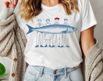 Shirt ingeblikte sardine, comfortkleuren visshirt, vintage stijl T-shirt voor kustesthetiek, cadeau oceaanliefhebber trendy kust T-shirt visser