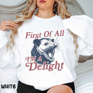 First of All I&#39;m a Delight Sweatshirt, Funny Sarcastic Self Love, Opossum Shirt, Humor Shirt, Snarky Shirt, Possum Lover, Adult Humor, Meme