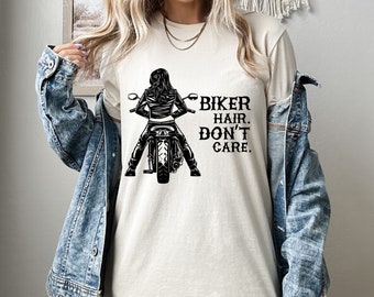 Chemise moto, t-shirt motard cheveux indifférents, cavalière, chemise amateur de moto, cadeau pour motard femme, dictons motards, pouvoir des filles