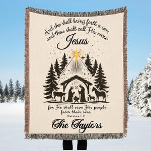 Religious Christmas Woven Blanket, Bible Verse Holiday Throw, Jesus Saves His People, Decorative Christian Tapestry, Matthew 1:21 Gift, Cozy
