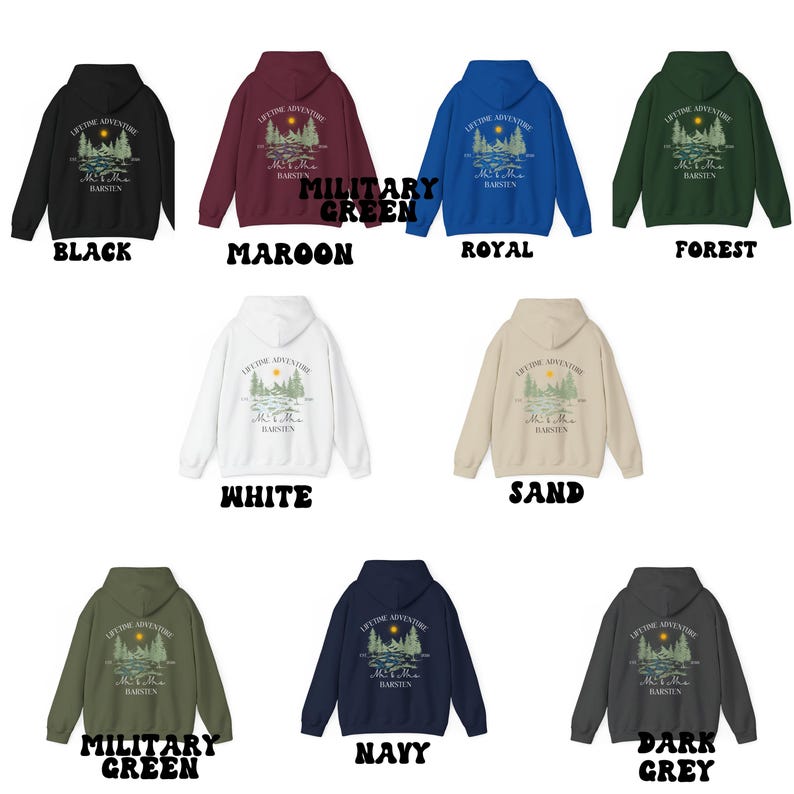 May include: A selection of hooded sweatshirts in colours such as black, maroon, royal blue, and forest green. Each sweatshirt displays a graphic with the text "Lifetime Adventure" and "Barsten."