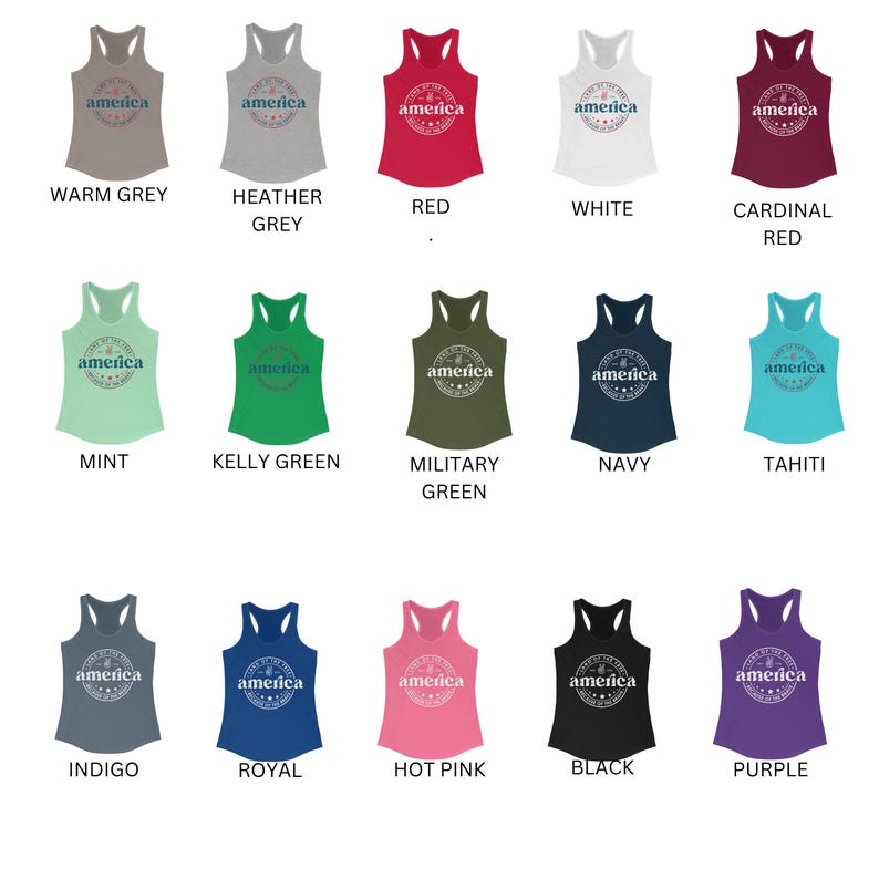 Pode incluir: Uma cole&ccedil;&atilde;o de tops sem mangas em v&aacute;rias cores, incluindo cinza quente, cinza mesclado, vermelho, branco e vermelho cardinal. Cada top apresenta a palavra "america" em um design circular. Cores adicionais s&atilde;o menta, verde kelly, verde militar, marinho, taiti, &iacute;ndigo, real, rosa choque, preto e roxo.