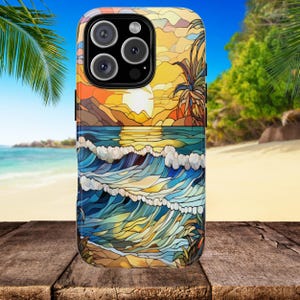 Stained Glass Beach Sunset Phone Case, Tough Cases Colorful Beach Lover Phone Cover, Mosaic Phone Case, Ocean Lover Gift, Tropical Case