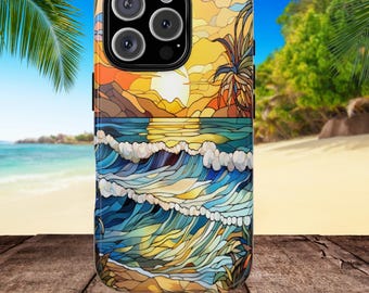 Funda para teléfono con vitrales y atardecer en la playa, resistente y colorida, con diseño de mosaico, ideal para amantes del océano y tropical.