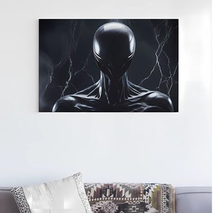 May include: A black and white abstract art print of a humanoid figure with a sleek, futuristic design. The figure is set against a dark background with white lightning-like streaks.