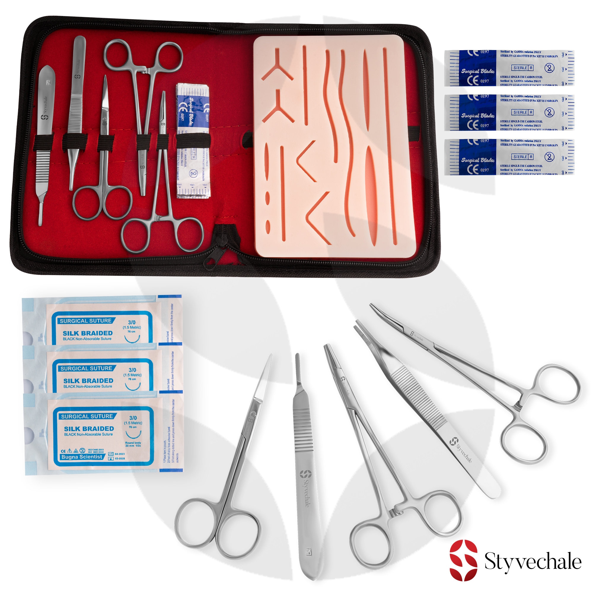 Kit de suture | Kit de pratique de suture pour étudiants en médecine | Kit  de pad et d'outil de suture | Filetage à 24 sutures mixtes avec