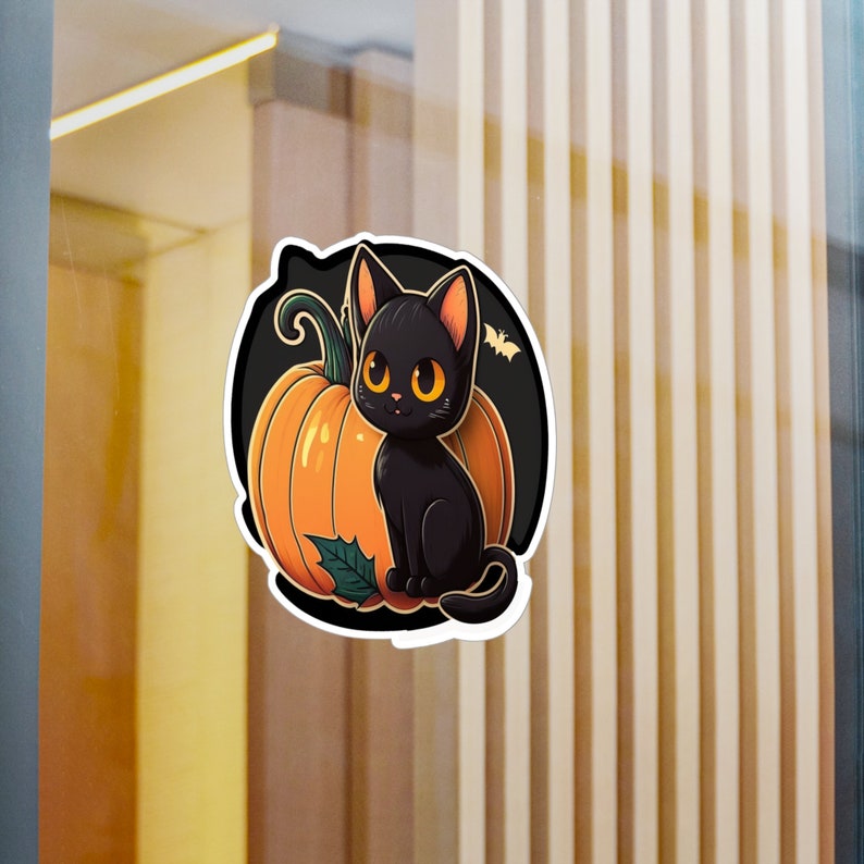 Kiss-cut Vinyl Decals Cute Black Cat With Halloween Pumpkin - Etsy