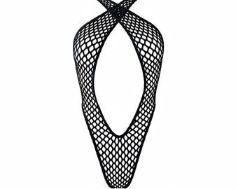 Monokini z krzyżującymi się stringami – czarna siateczka w diamenty – EGZOTYCZNA ODZIEŻ DO TAŃCA