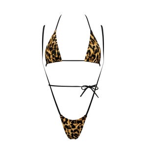 May include: A two-piece bikini set with a leopard print pattern. The top is a triangle style with thin black straps that tie around the neck and back. The bottom is a thong style with black straps that tie at the sides.