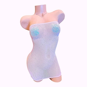 Pastell Rosa trägerloses Fischnetz Kleid mit Strass - EXOTIC DANCEWEAR