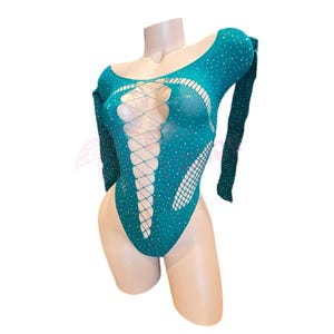 Emerald Green Rhinestoned Fishnet Bodysuit with Cutouts - EXOTIC DANCEWEAR