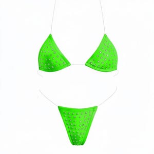 Lime Green Rhinestoned Stripper Bikini | Exotic Dance & Rave Wear | Tiny Triangle Top | Microkinis