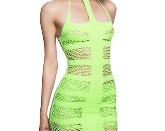 Neon Lemon-Lime Fishnet Stripper Mini Dress | Exotic Dancewear | GrlFriday Shop