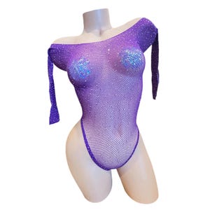 Royal Purple Rhinestoned Fishnet Bodysuit - EXOTIC DANCEWEAR