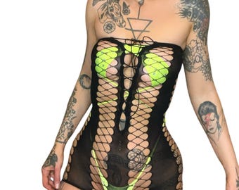 Black Strapless Striped Lace Up Fishnet Shorts Romper Bodystocking - EXOTIC DANCEWEAR - RAVEWEAR