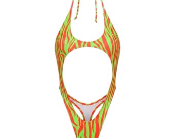 Body de stripper con tanga y aberturas / Cebra verde ácido / ROPA DE BAILE EXÓTICA / ROPA DE RAVE / Tienda GrlFriday