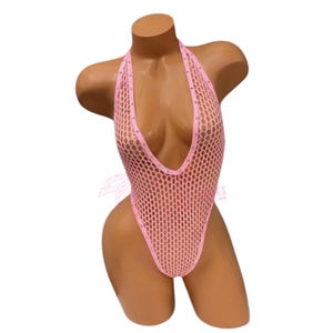 Vintage High Cut One Piece - Metallic Pink Large Diamond Fishnet - Rhinestone Trim - EXOTIC DANCEWEAR