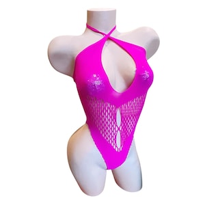 Hot Pink Halter Keyhole Fishnet Bodysuit - EXOTIC DANCEWEAR