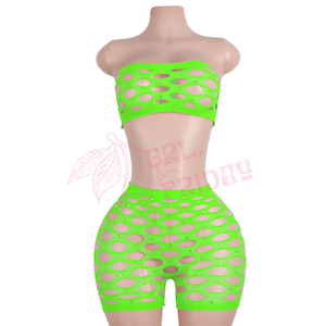 Neon LIME Green Rhinestoned Mesh Short Set - EXOTIC DANCEWEAR