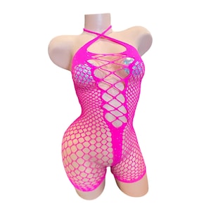 Neon Pink Mesh Rhinestoned Shorts Bodystocking - EXOTIC DANCEWEAR
