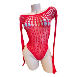 Cherry Red Longsleeve Fishnet Mesh Bodysuit with Hearts - EXOTIC DANCEWEAR